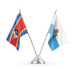 San Marino and Eswatini Swaziland table flags isolated on white 3D rendering