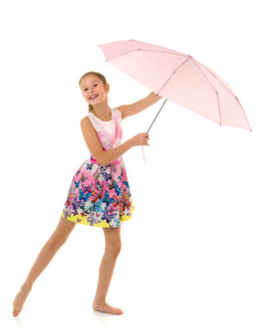 Little girl under an umbrella. protection from bad weather.