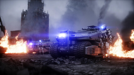 Russian apocalypsis. Military car in a burning ruined Moscow city. Armageddon view. Postapocalyptic. 3d rendering.