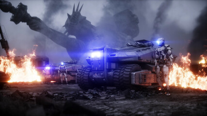 Fototapeta na wymiar American apocalypsis. Military car in a burning ruined city. Armageddon view. 3d rendering.