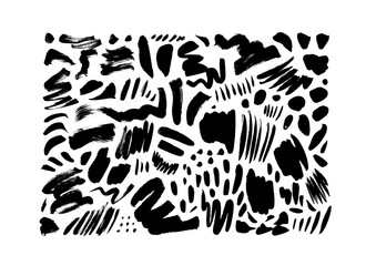 Fototapeta premium Black dry brushstrokes hand drawn vector set. Curved and zig zag black paint brushstrokes. Grunge smears collection with wavy, doodle, freehand lines. Abstract ink doodle textures. Freehand drawing.