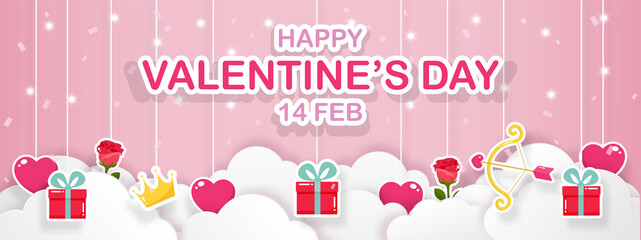 Happy Valentine's Day banner decorated with symbols of love, Gift box, Hearts, Archer, Rose, hanging with string on Clouds, isolated on pink background. Cartoon cute paper style. Vector illustration.