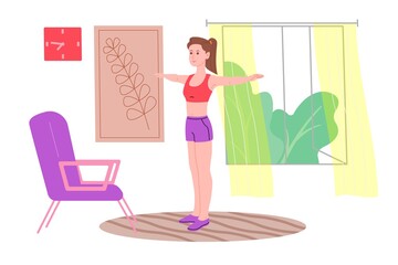 Young girl doing sports physical exercises, home workouts and fitness at home during quarantine and lead healthy lifestyle. Flat vector illustration. People, men and women using the house as a gym.