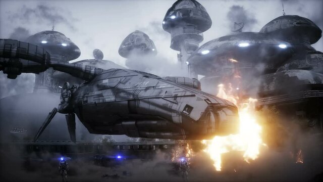 Futuristic sci fi ship take wing. Military robot. Apocalypse city. Realistc dust animation.