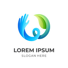 nature hand logo, leaf and hand, combination logo with 3d colorful style
