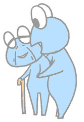 歩行介助するカエルと介助されるカエル（青色）