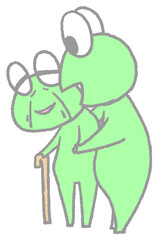 歩行介助するカエルと介助されるカエル