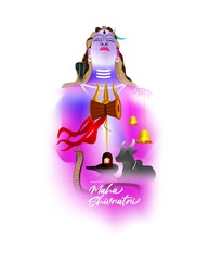 Vector illustration of Maha Shivratri banner with trishula, lingam, bells and God Shiva, Hindu festival Shivratri poster.
