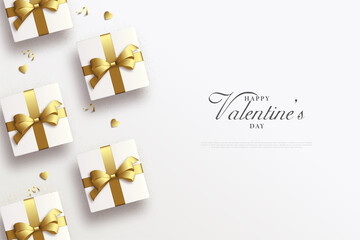 Obraz na płótnie Canvas Valentine day background with 5 gold ribbon gift boxes