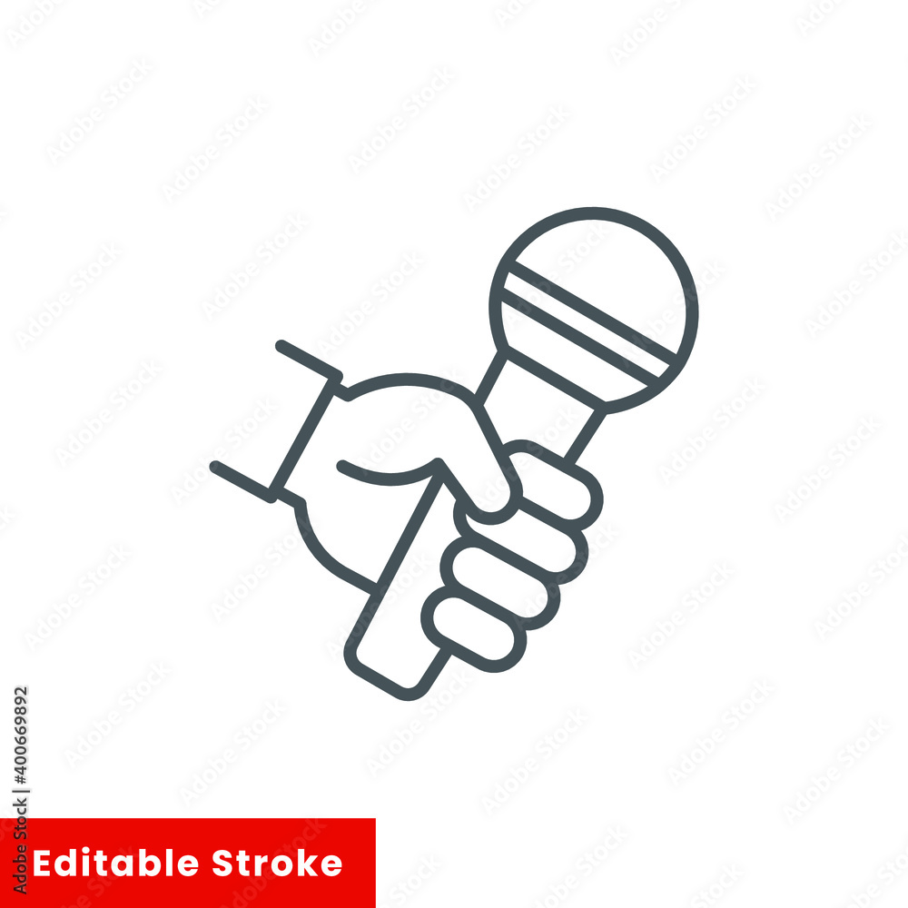 Aufkleber hand holding microphone icon, line style. a handheld microphone is used to interview a source in see