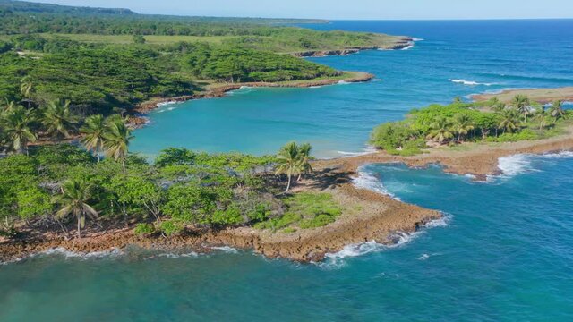 Amazing aerial shot of Los Coquitos beach and coast. Dominican Republic