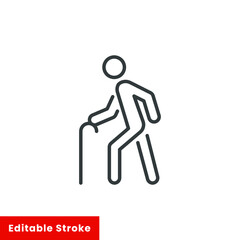 Old man icon, elder person with cane, senior generation, thin line web symbol on white background - editable stroke vector illustration eps10