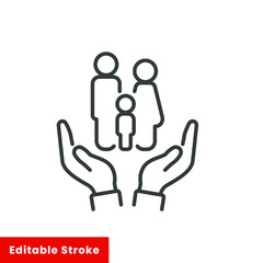Hands holding family icon. Family life insurance sign, thin line web symbol on white background - editable stroke vector illustration eps10