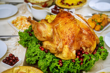 Christmas table served with turkey, decorated with kale and cranberry.