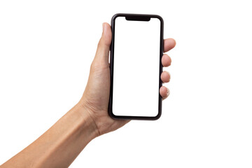 Hand man holding mobile smartphone with blank screen isolated on white background with clipping path