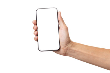 Hand man holding mobile smartphone with blank screen isolated on white background with clipping path