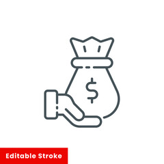 Save money icon, salary money, invest finance, hand holding dollar, line symbols on white background - editable stroke vector illustration eps 10