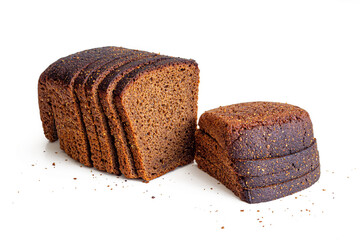 Sliced loaf of rye Borodino bread on white