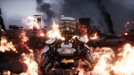 Military robot in a burning ruined apocalyptic city. Armageddon view. Realistic fire simulation. Postapocalyptic.