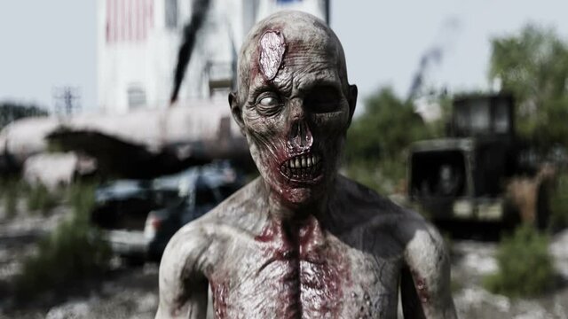 Zombie in a burning ruined apocalyptic city. Armageddon view. Zombie apocalypsis. Realistic 4k animation.