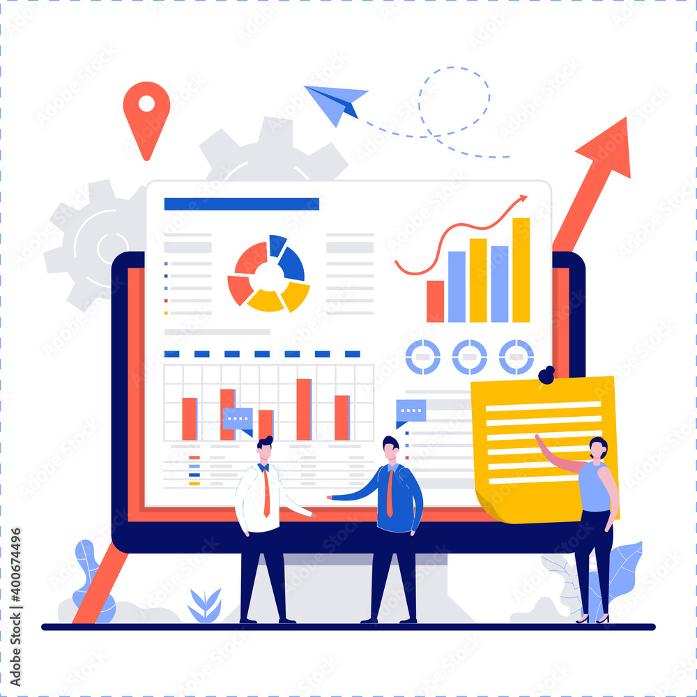 Poster business analysts teamwork with tiny character. people develop a strategy to increase sales using co
