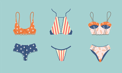Modern female lingerie set. Trendy hand drawn underwear or swimwear. Panties, bikinis and brassieres. Vintage vector illustration in flat cartoon style.