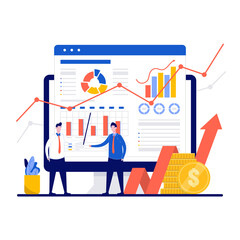 Naklejka premium Risk management concept with tiny character. Employees developing a strategy to minimize potential business losses flat vector illustration. Can use for web banner or landing page idea