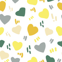 cute hearts and doodle dashes seamless pattern in trending color 2021. vector hand drawn minimalism simple. wallpaper, textiles, wrapping paper, decor. gray, gold, yellow, green. love, valentines day.