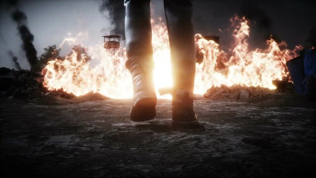 Zombie in a burning ruined apocalyptic city. Armageddon view. Zombie apocalypsis. Realistic 4k animation.