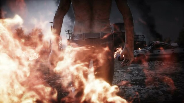 Zombie in a burning ruined apocalyptic city. Armageddon view. Zombie apocalypsis. Realistic 4k animation.