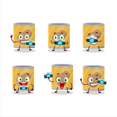 Photographer profession emoticon with can of potato cartoon character