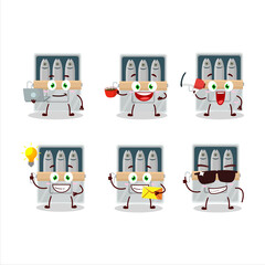 Box of sardines cartoon character with various types of business emoticons