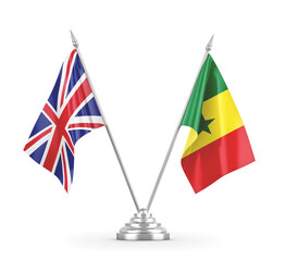Senegal and United Kingdom table flags isolated on white 3D rendering