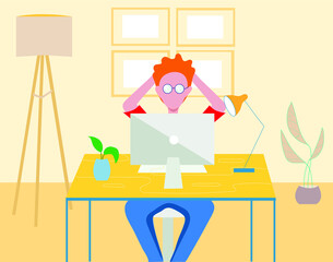 Young happy man sitting at desk in home. Flat illustration. 