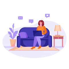 Freelancer girl with a laptop on the couch studies or works at home. Vector concept of freelance, online education. Cartoon flat style.