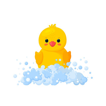 Rubber duck in soap foam with bubbles isolated in white background. Front view of yellow plastic duckling toy in suds. Vector illustration in cartoon style