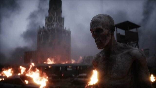 Zombie in a burning ruined Moscow apocalyptic city. Russian Armageddon view. 4k animaton