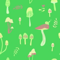 Pattern vector illustration with edible mushrooms and toadstools. Creative design for decoration. Suitable for fabrics, wallpaper, printing and interior design.