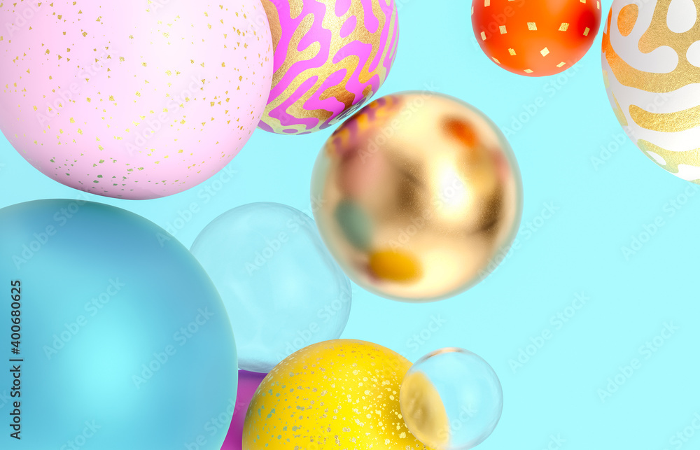 Poster abstract holiday background with fancy geometric balloons. 3d render.