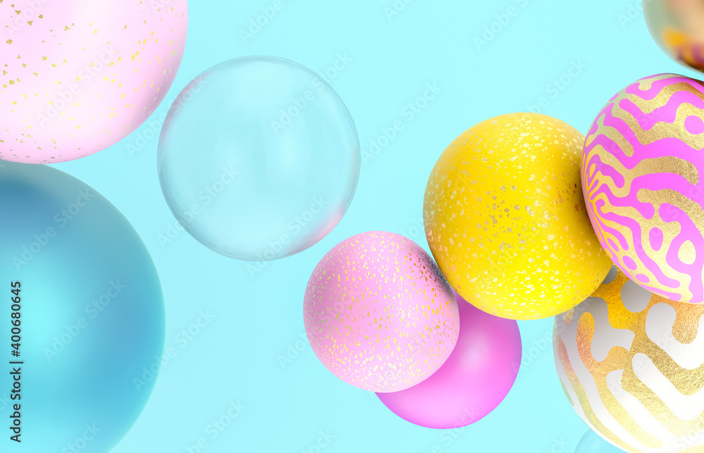 Poster abstract holiday background with fancy geometric balloons. 3d render.