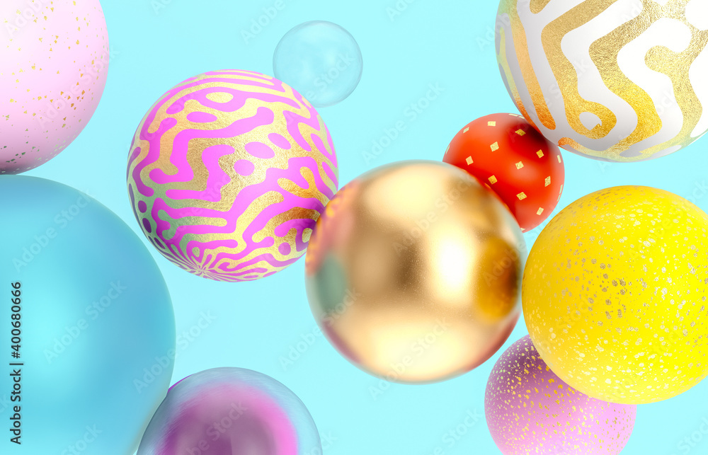 Poster abstract holiday background with fancy geometric balloons. 3d render.