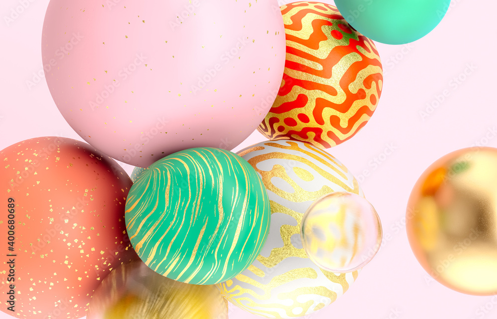 Poster abstract holiday background with fancy geometric balloons. 3d render.