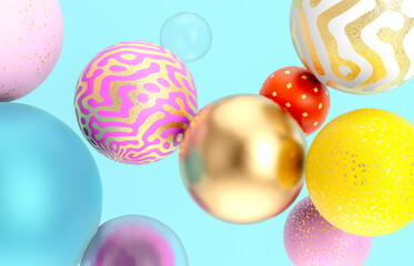 Abstract holiday background with fancy geometric balloons. 3d render.