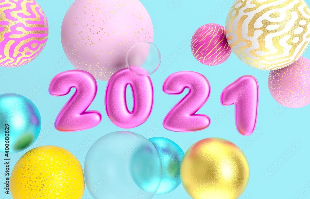 Poster christmas and happy new year background with fancy geometric balloons. 3d render.