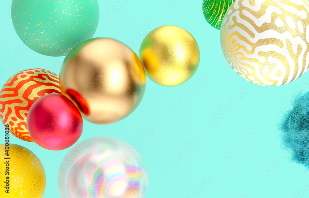 Poster abstract holiday background with fancy geometric balloons. 3d render.