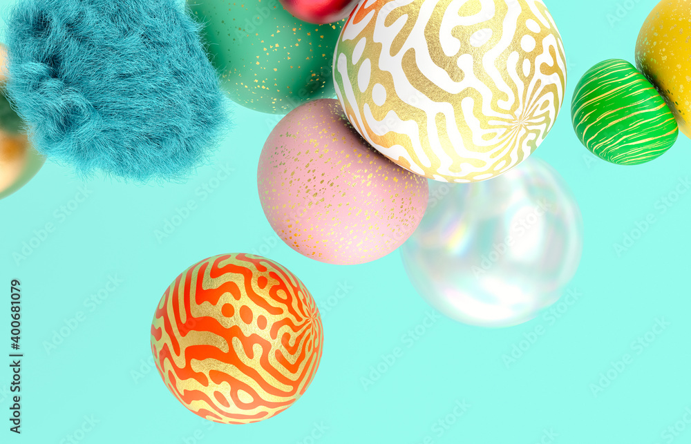 Poster abstract holiday background with fancy geometric balloons. 3d render.