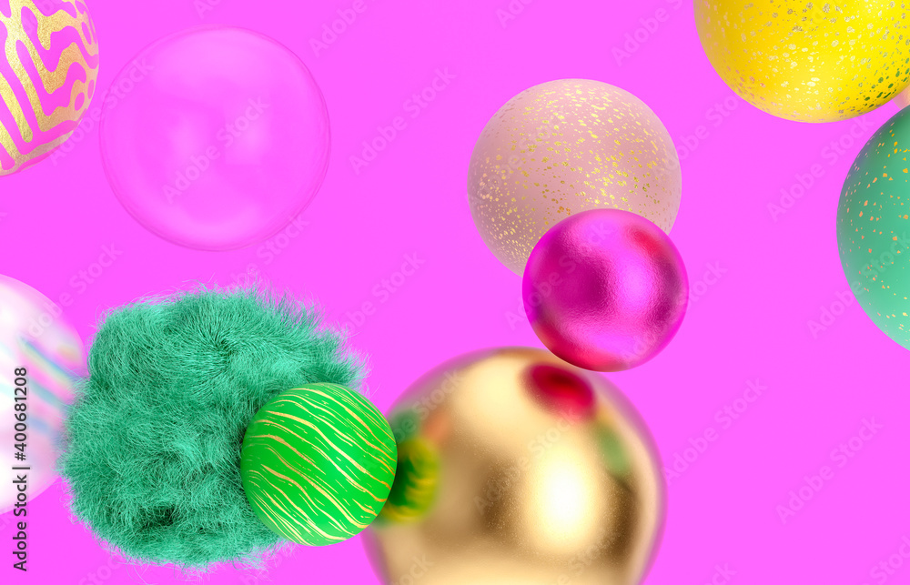 Poster abstract holiday background with fancy geometric balloons. 3d render.