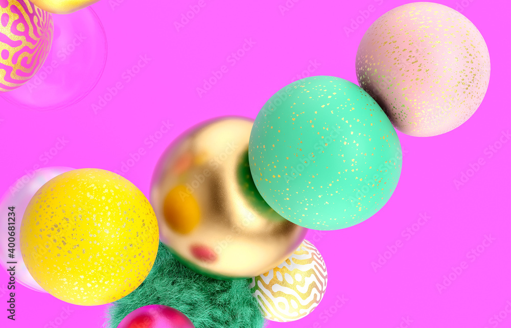 Poster abstract holiday background with fancy geometric balloons. 3d render.