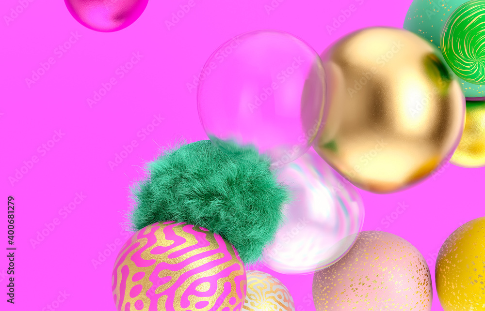 Poster abstract holiday background with fancy geometric balloons. 3d render.