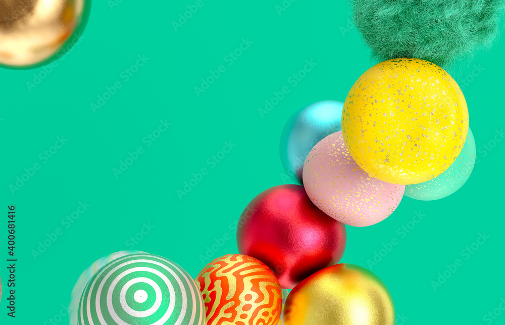 Poster abstract holiday background with fancy geometric balloons. 3d render.